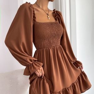 SHEIN S Square Neck Shirred Bodice Flounce Sleeve Ruffle Hem Dress in Camel